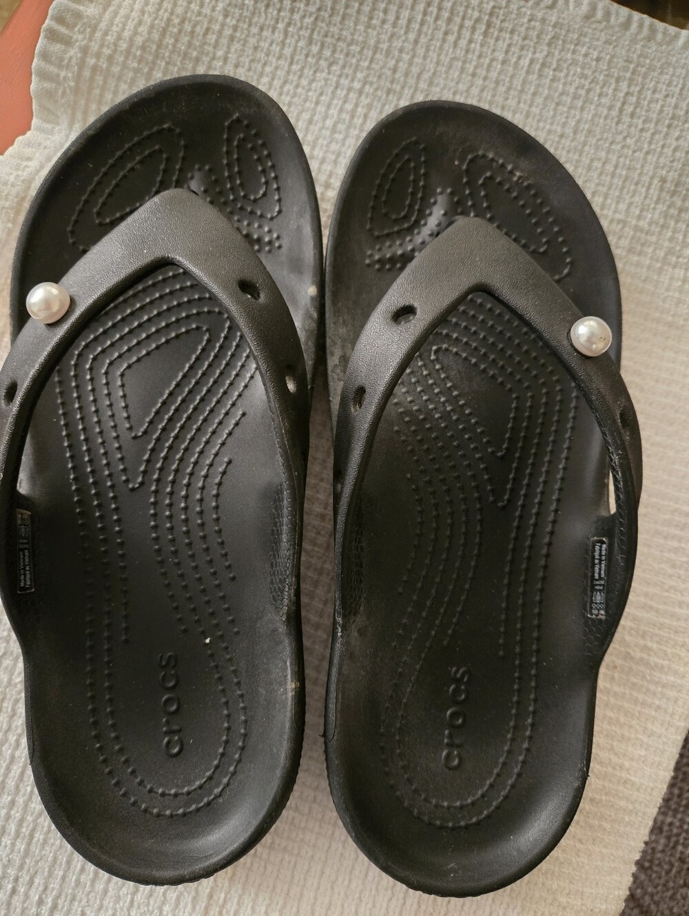 CROCS Black Flip Flops with Pearl Accent